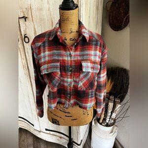 Urban Outfitters BDG cropped raw hem plaid flannel button down